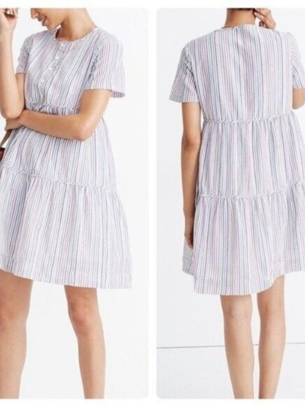 Madewell Striped Crewneck Button Front Tiered Cotton Dress